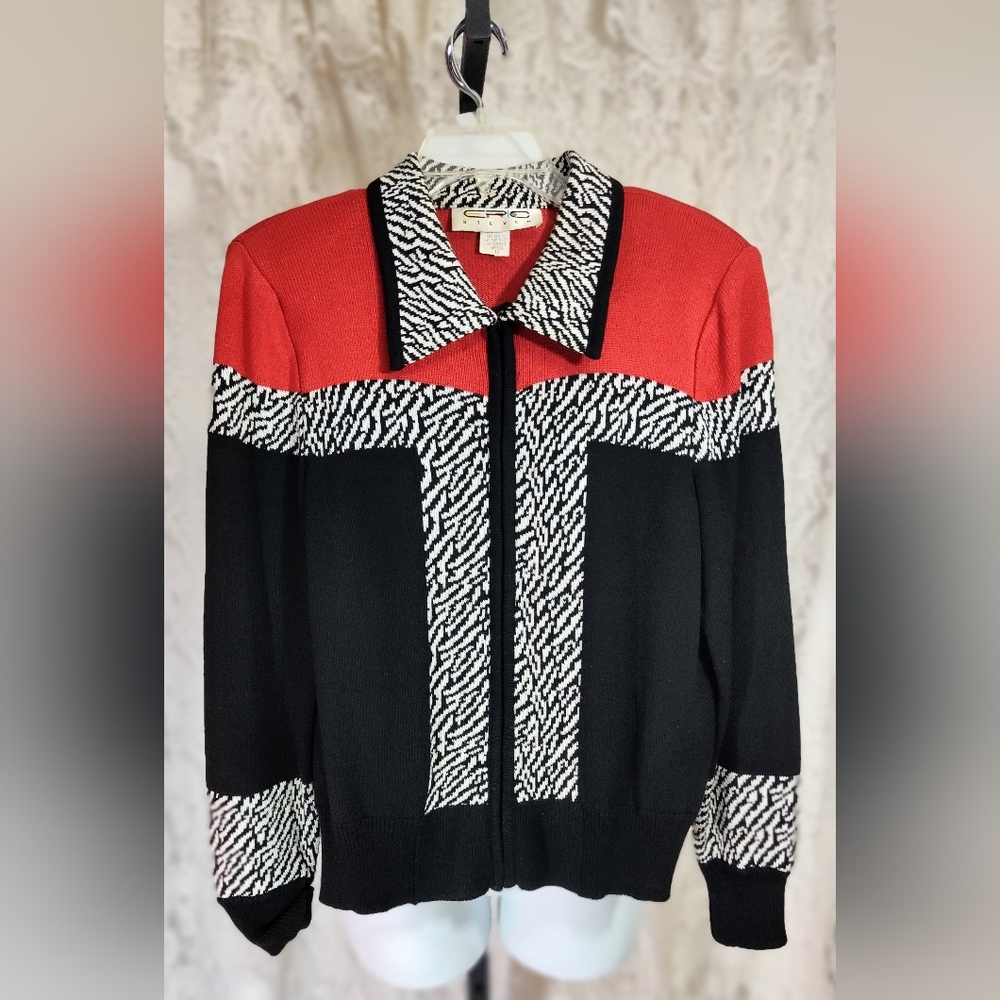 Epic Steven Vintage Zip Front Red and Black Zebra Print Sweater